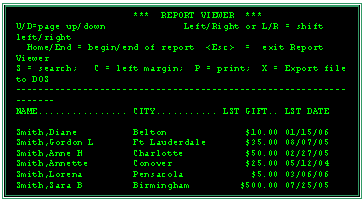 Text Box:                      ***  REPORT VIEWER  ***                              
U/D=page up/down              Left/Right or L/R = shift left/right     
  Home/End = begin/end of report  <Esc>  =  exit Report Viewer        
S = search;   C = left margin;  P = print;  X = Export file to DOS     
------------------------------------------------------------------  
NAME................ CITY........... LST GIFT.. LST DATE                        
                                                                                
Smith,Diane          Belton              $10.00 01/15/06                        
Smith,Gordon L       Ft Lauderdale       $35.00 08/07/05                        
Smith,Anne H         Charlotte           $50.00 02/27/05                        
Smith,Annette        Conover             $25.00 05/12/04                        
Smith,Lorena         Pensacola            $5.00 03/06/06                        
Smith,Sara B         Birmingham         $500.00 07/25/05                        
Smith,Andrew E       Erie                $25.00 12/31/05                        
Smith,Alvin G        Greeley            $200.00 04/09/06                        
                        
                                                                                
